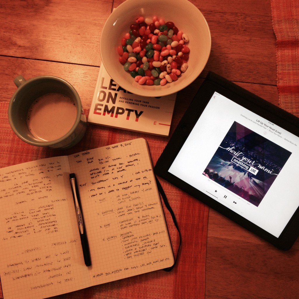 As Navin R. Johnson, (Steve Martin's character in the 1979 movie, The Jerk) would say: "This is all I need..." My Moleskine, a decent pen, some Chai, a good book, Bethel Music on iTunes, God's word via YouVersion and a bowl full of Jelly Bellys. 